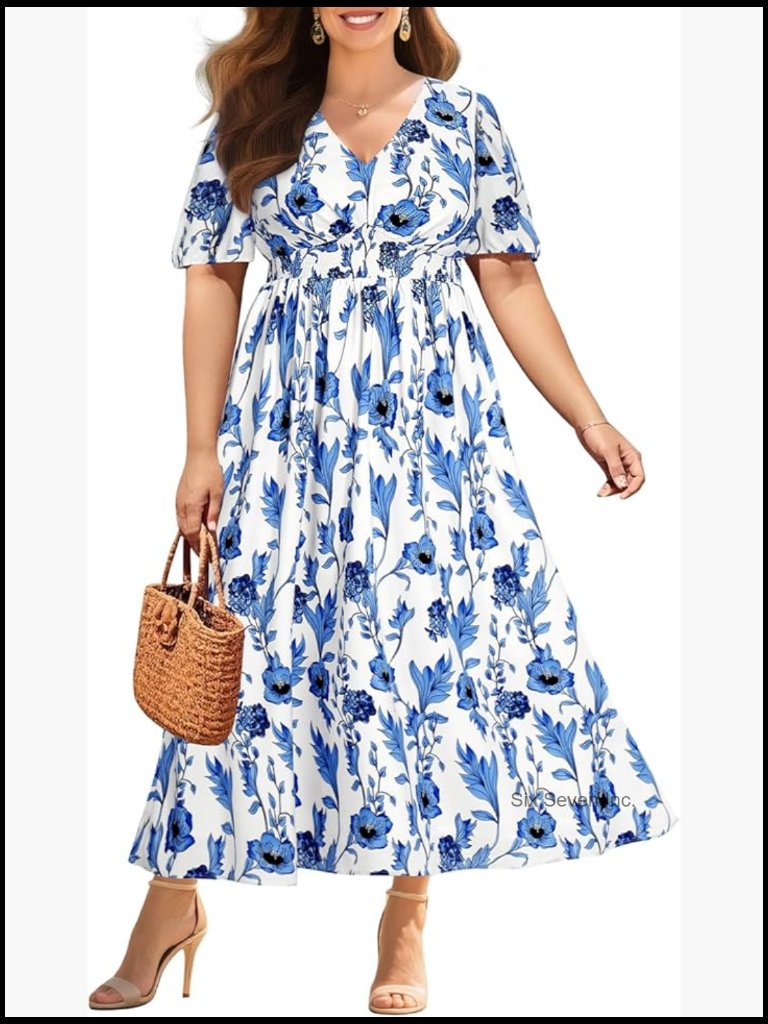 Plus Size Summer Maxi Dress With V-Neck And Puff Sleeves